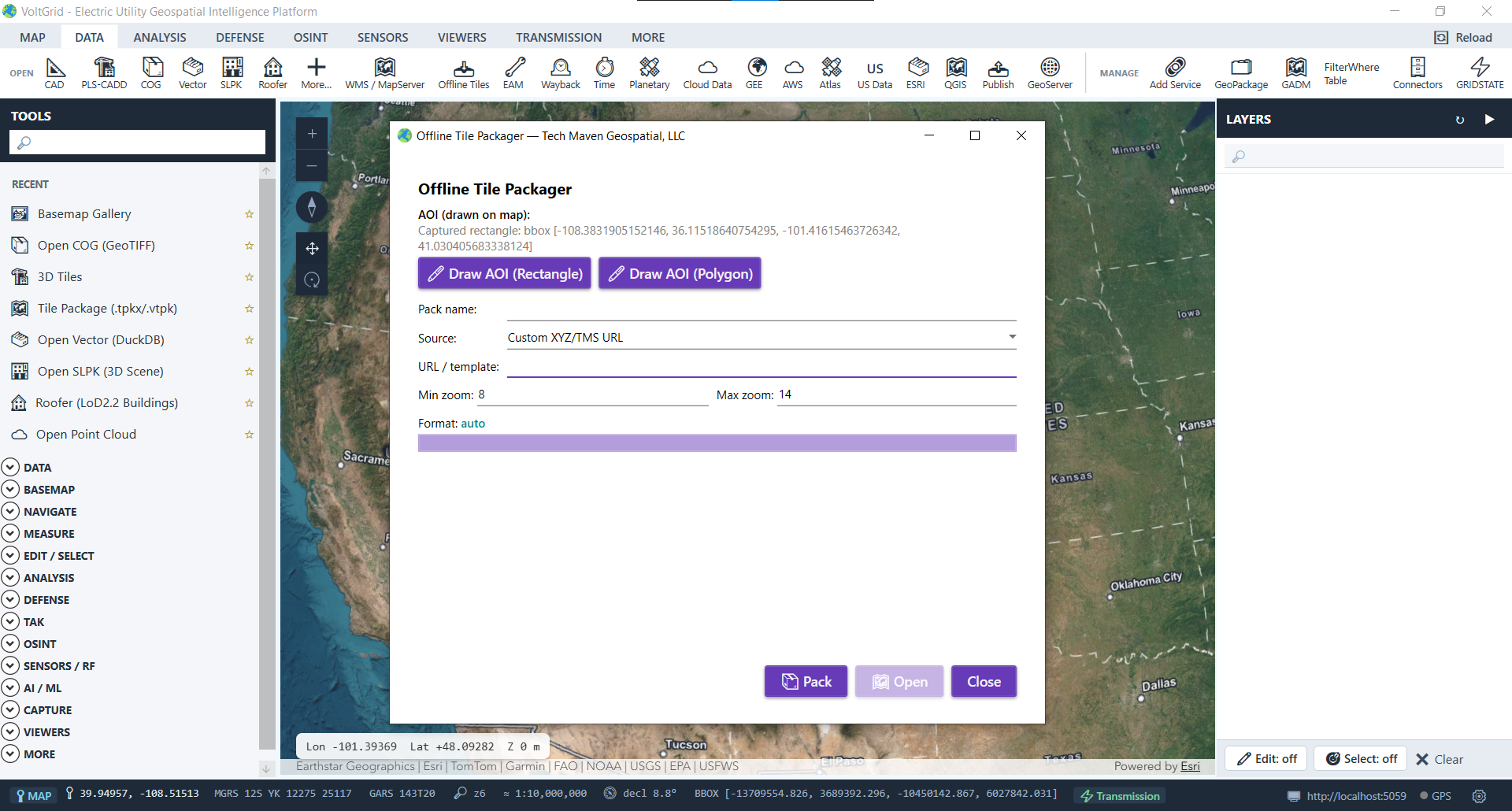 VoltGrid desktop — Offline Tile Packager dialog with AOI captured on map