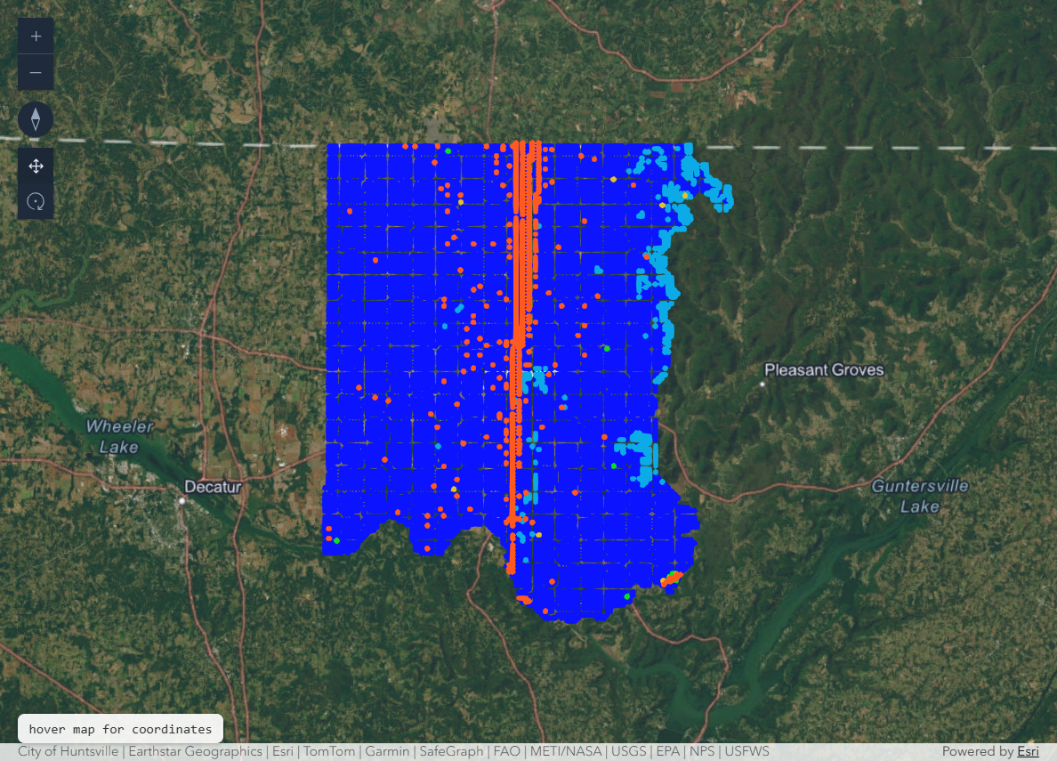 The converted point-cloud layer rendered over the Esri imagery basemap in the VoltGrid map view