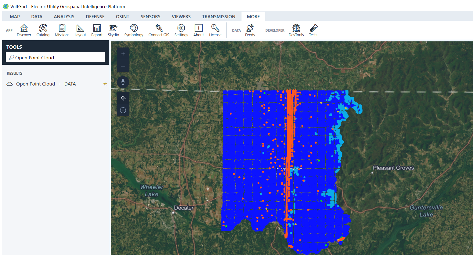 VoltGrid desktop — the Open Point Cloud tool located from the MORE ribbon tab, with the converted point cloud drawn over imagery near Decatur, Alabama