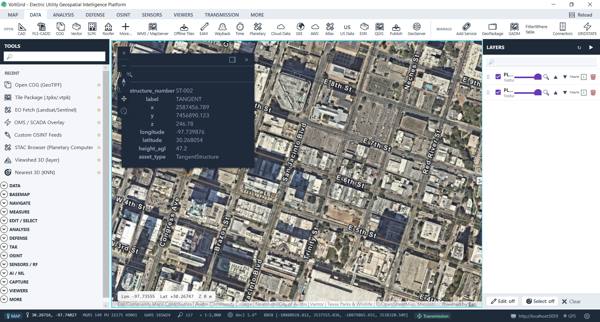 VoltGrid desktop — PLS-CADD line layer loaded with structure and conductor feature identify popup