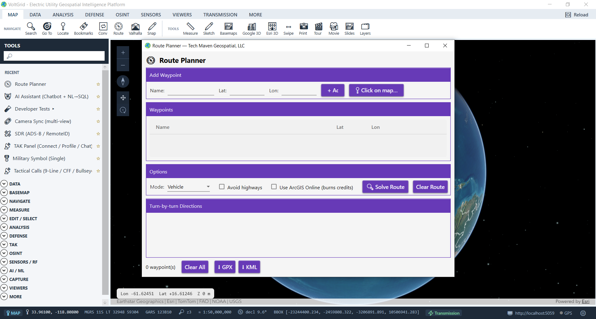 VoltGrid desktop — Route Planner modal dialog over 3D globe