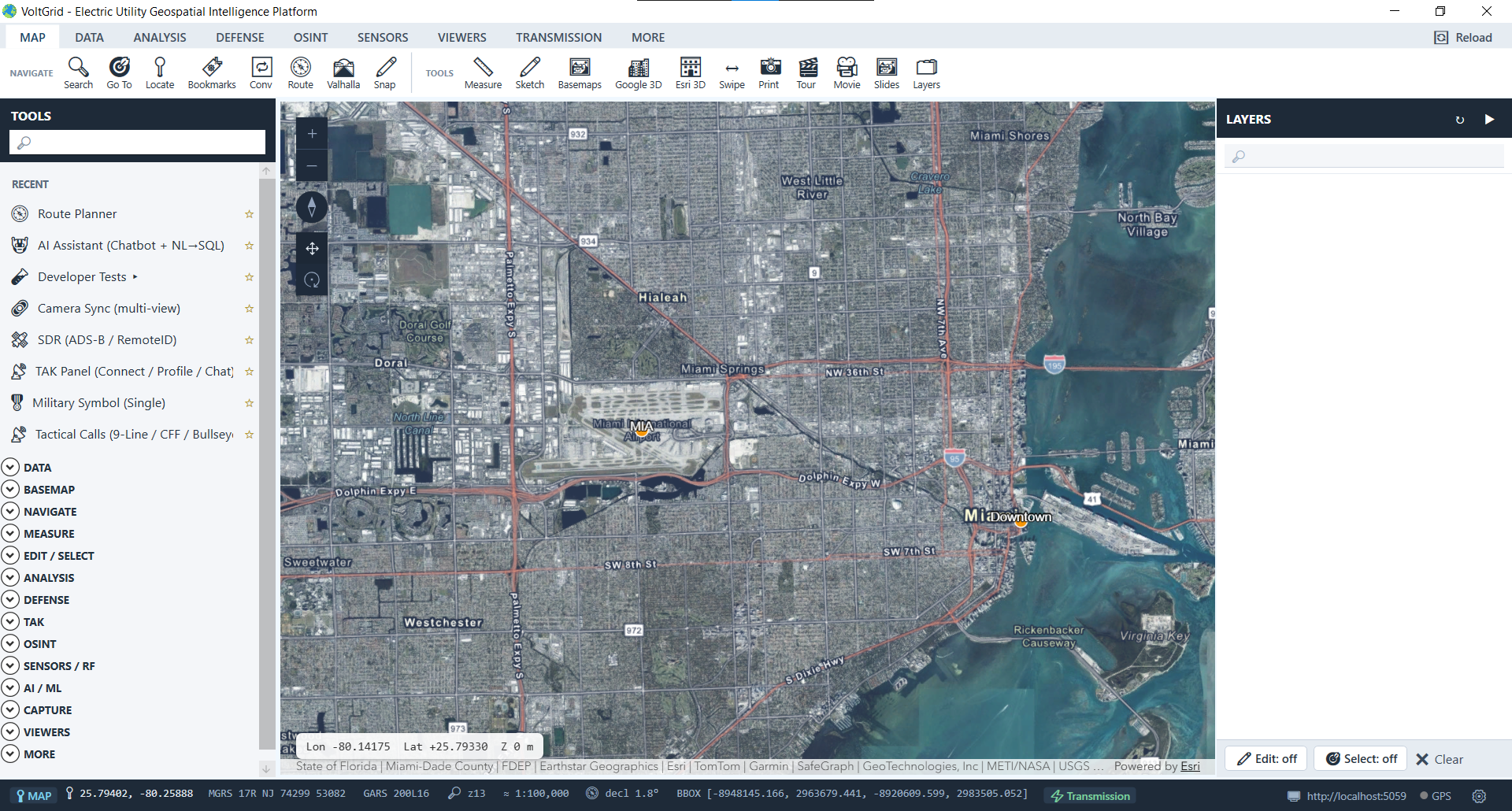 VoltGrid desktop — Map view over Miami with two route waypoints placed