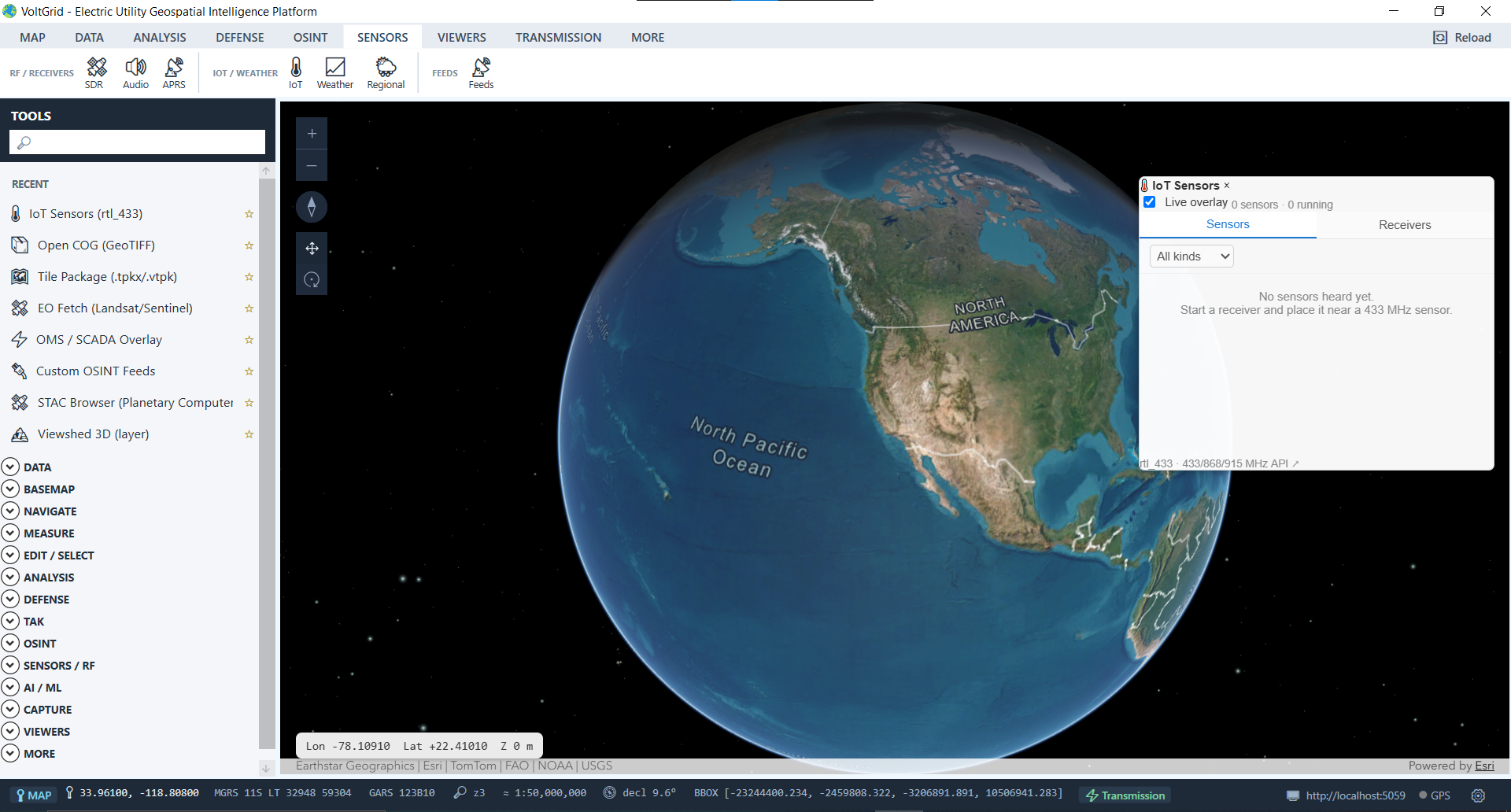 VoltGrid desktop — In-map IoT sensor monitoring widget shown in default empty state