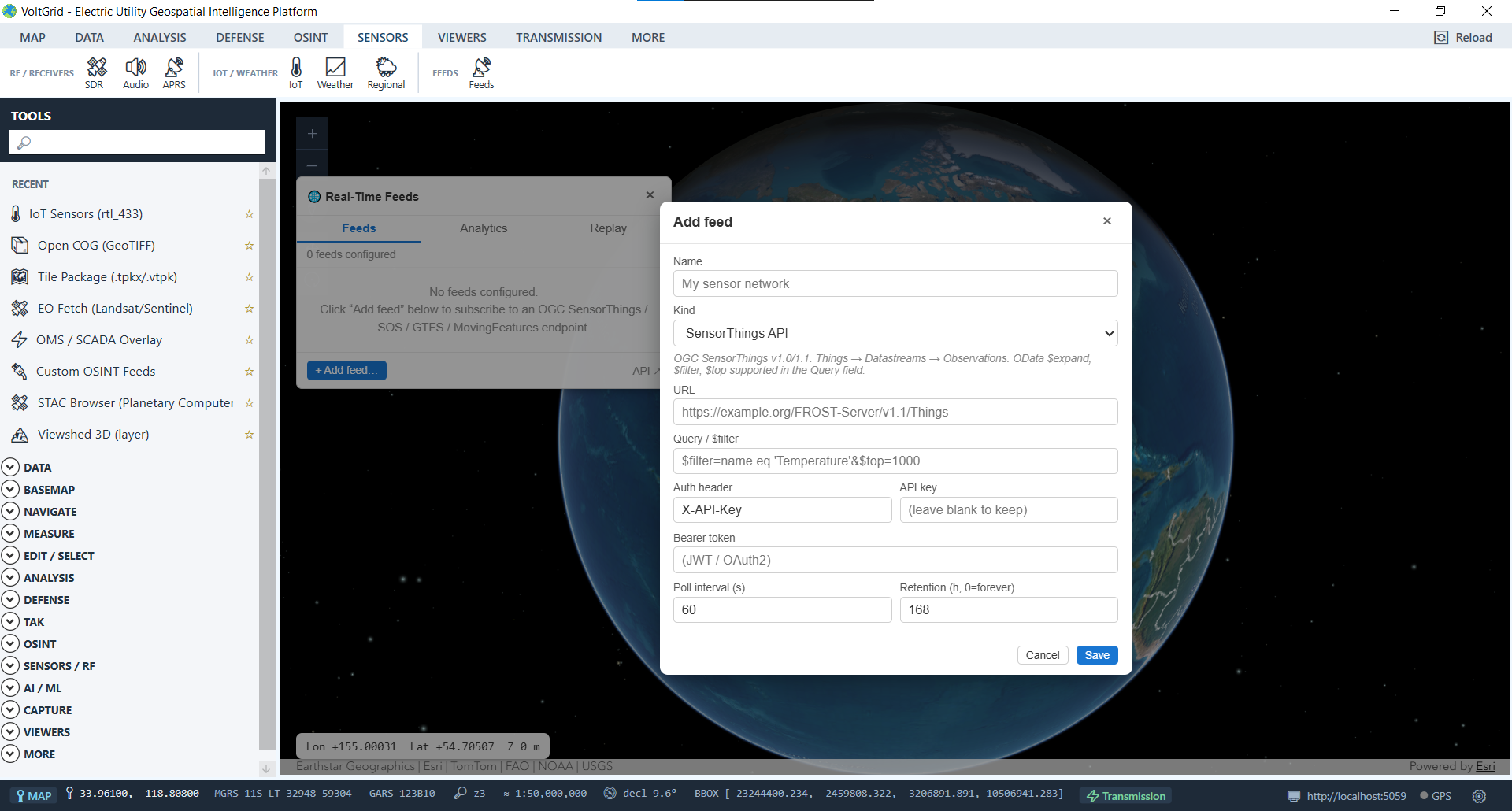 VoltGrid desktop — Add Real-Time Feed subscription modal dialog shown in default empty state