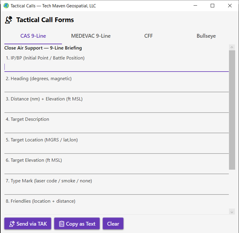 VoltGrid desktop — Tactical Call Forms with CAS 9-Line briefing