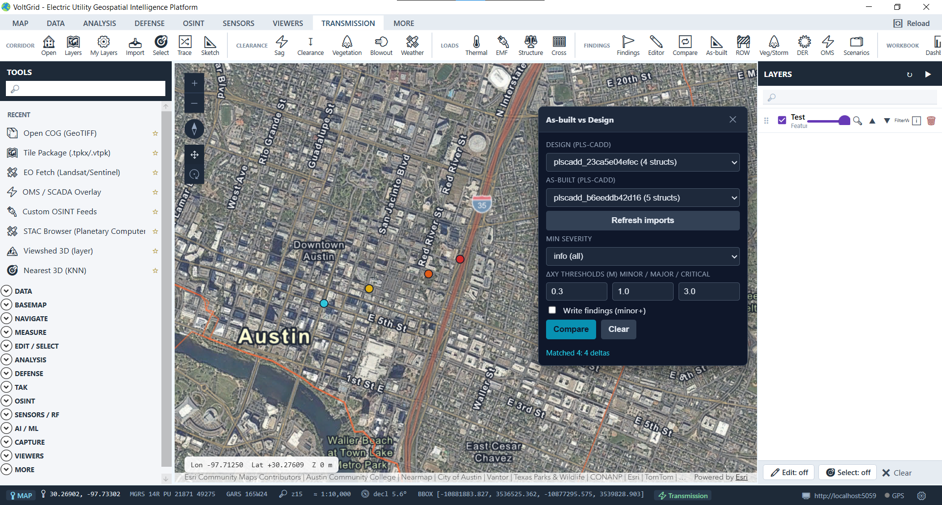 VoltGrid desktop — Transmission Line Analysis As-built vs Design comparison widget with matched delta points loaded on map