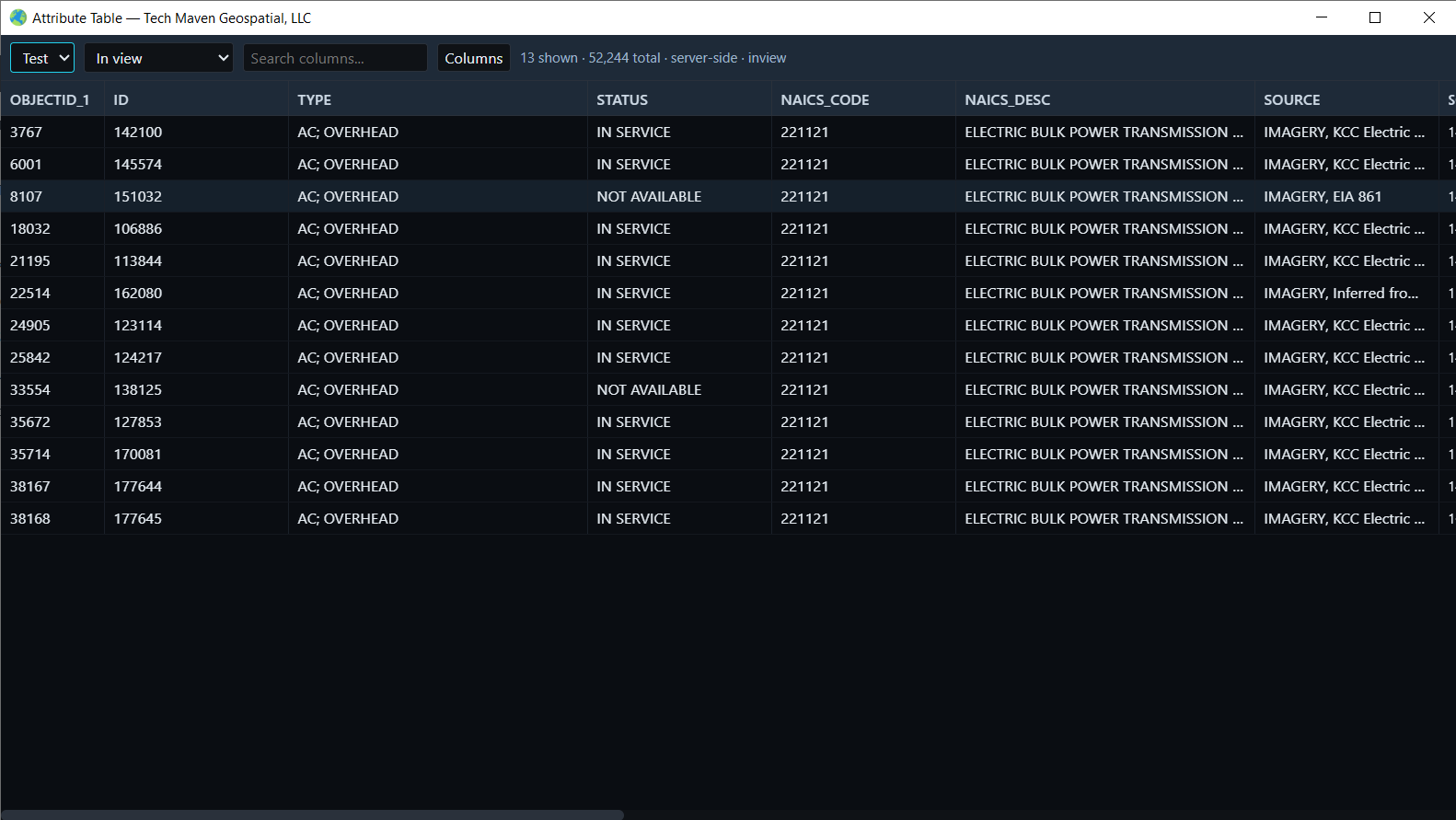 VoltGrid desktop — standalone attribute table window