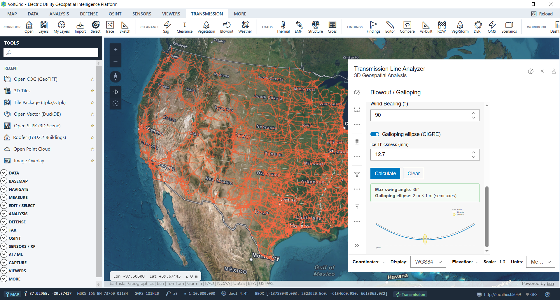 VoltGrid desktop — Wind Blowout & Galloping simulation panel
