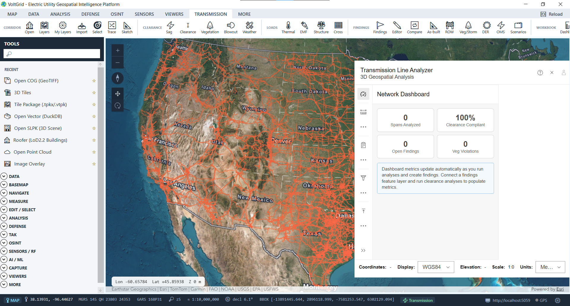 VoltGrid desktop — Transmission Line Analyzer dashboard panel