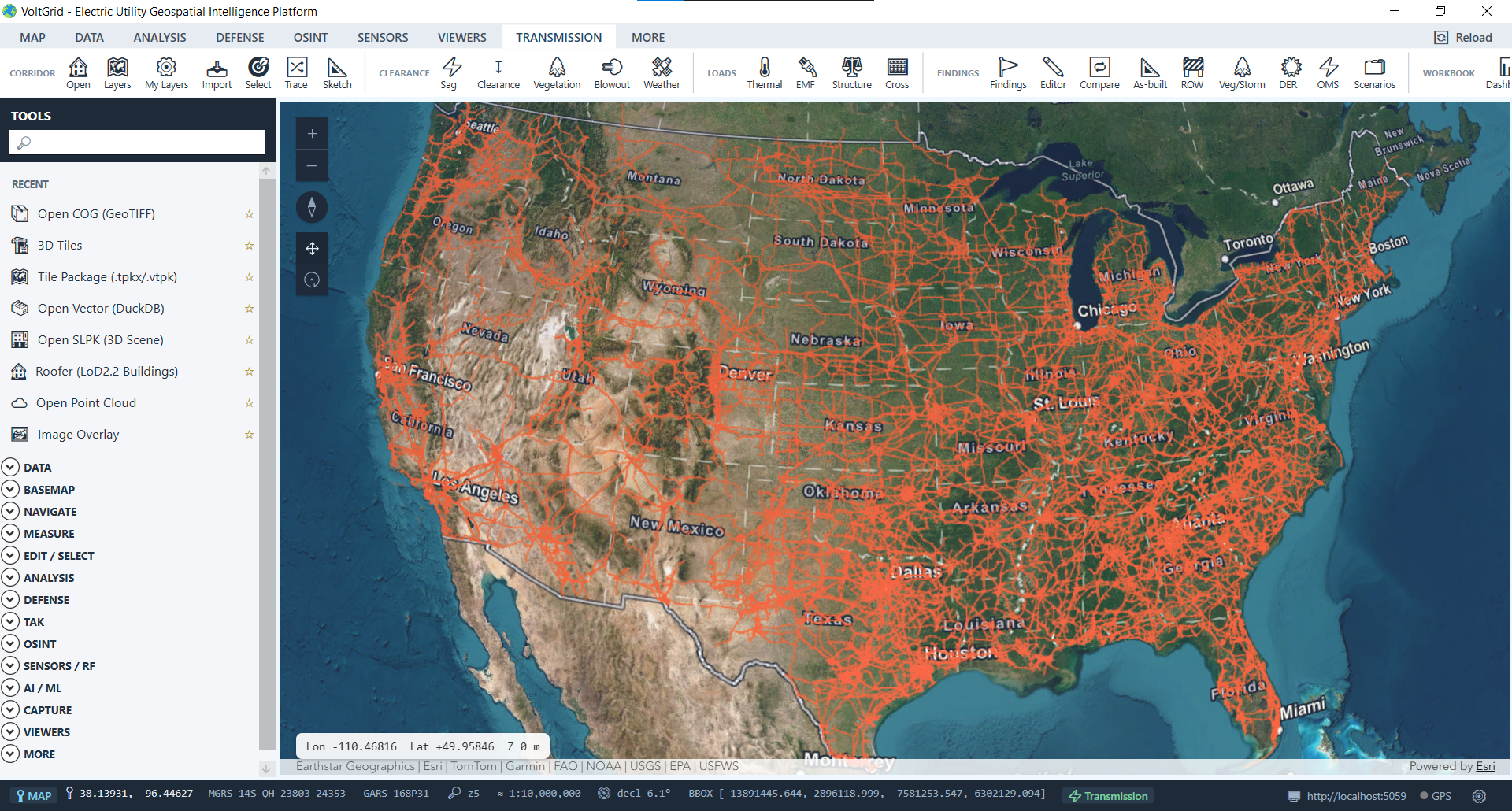 VoltGrid desktop — line network layer rendered over the continental US