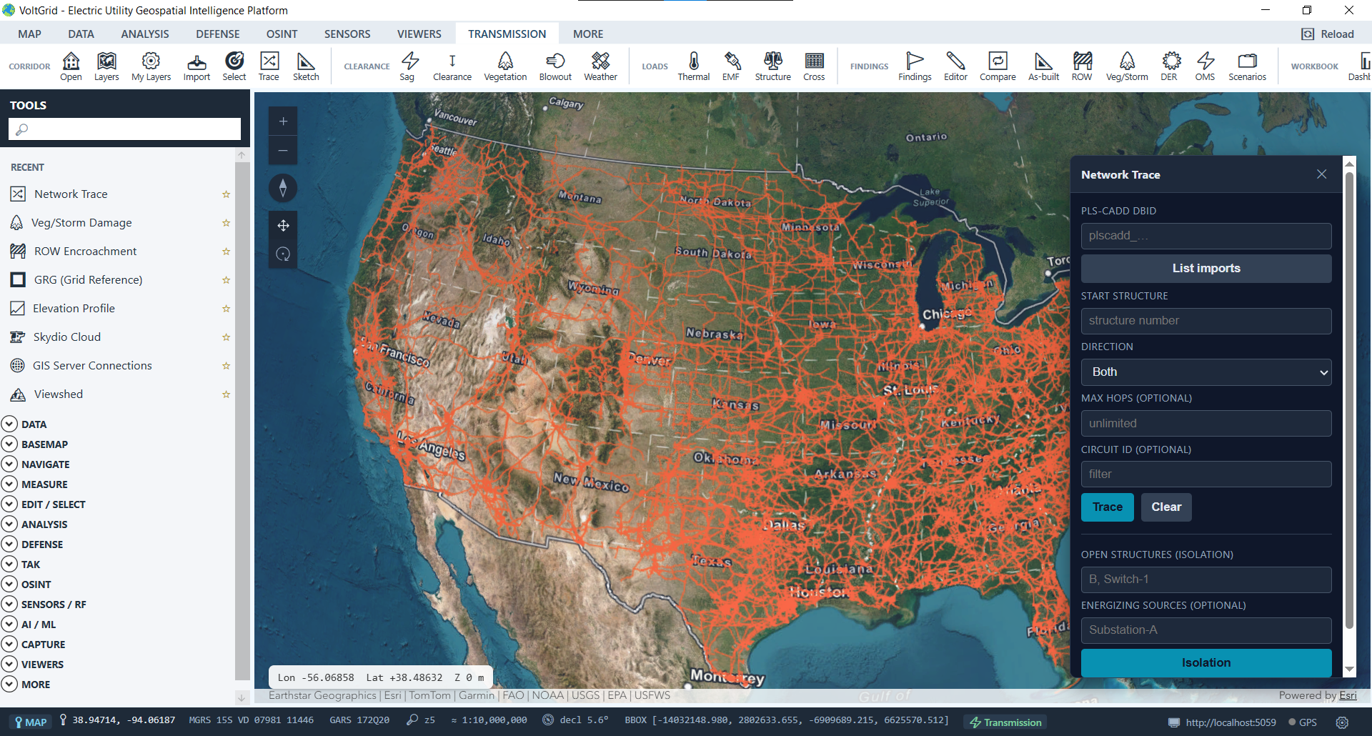 VoltGrid desktop — Transmission Line Analysis Network Trace and Isolation widget