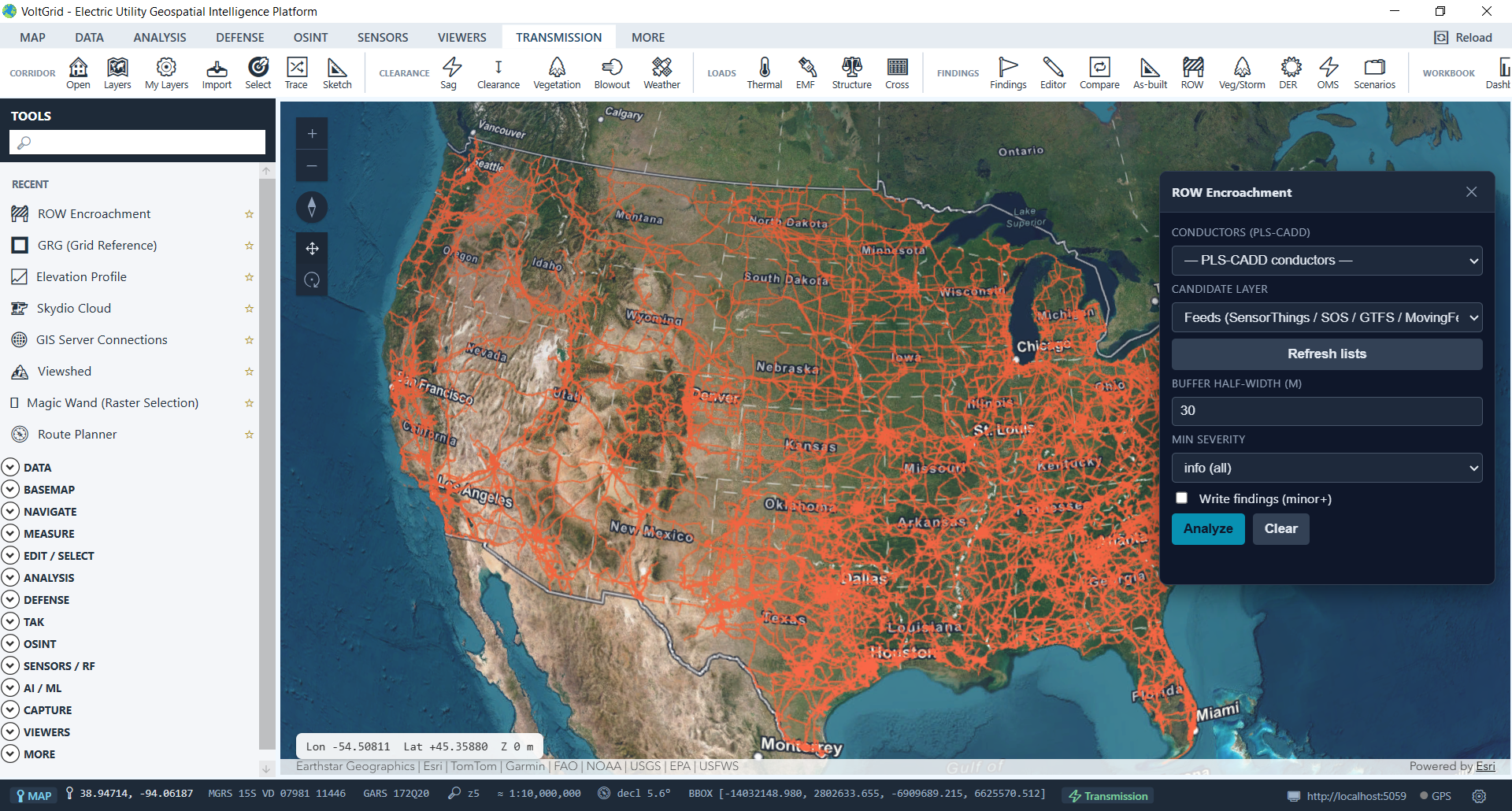 VoltGrid desktop — Transmission Line Analysis ROW Encroachment widget