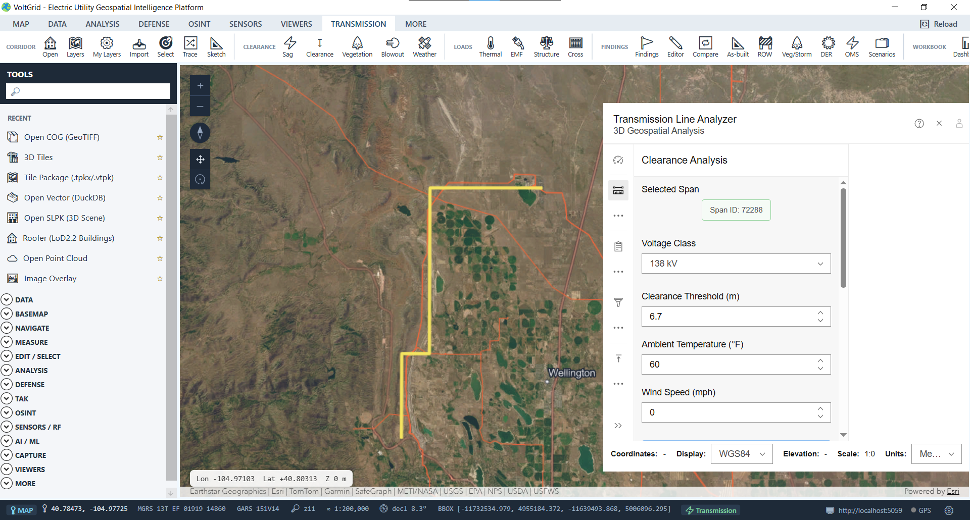 VoltGrid desktop — Clearance Analysis input panel for a selected span