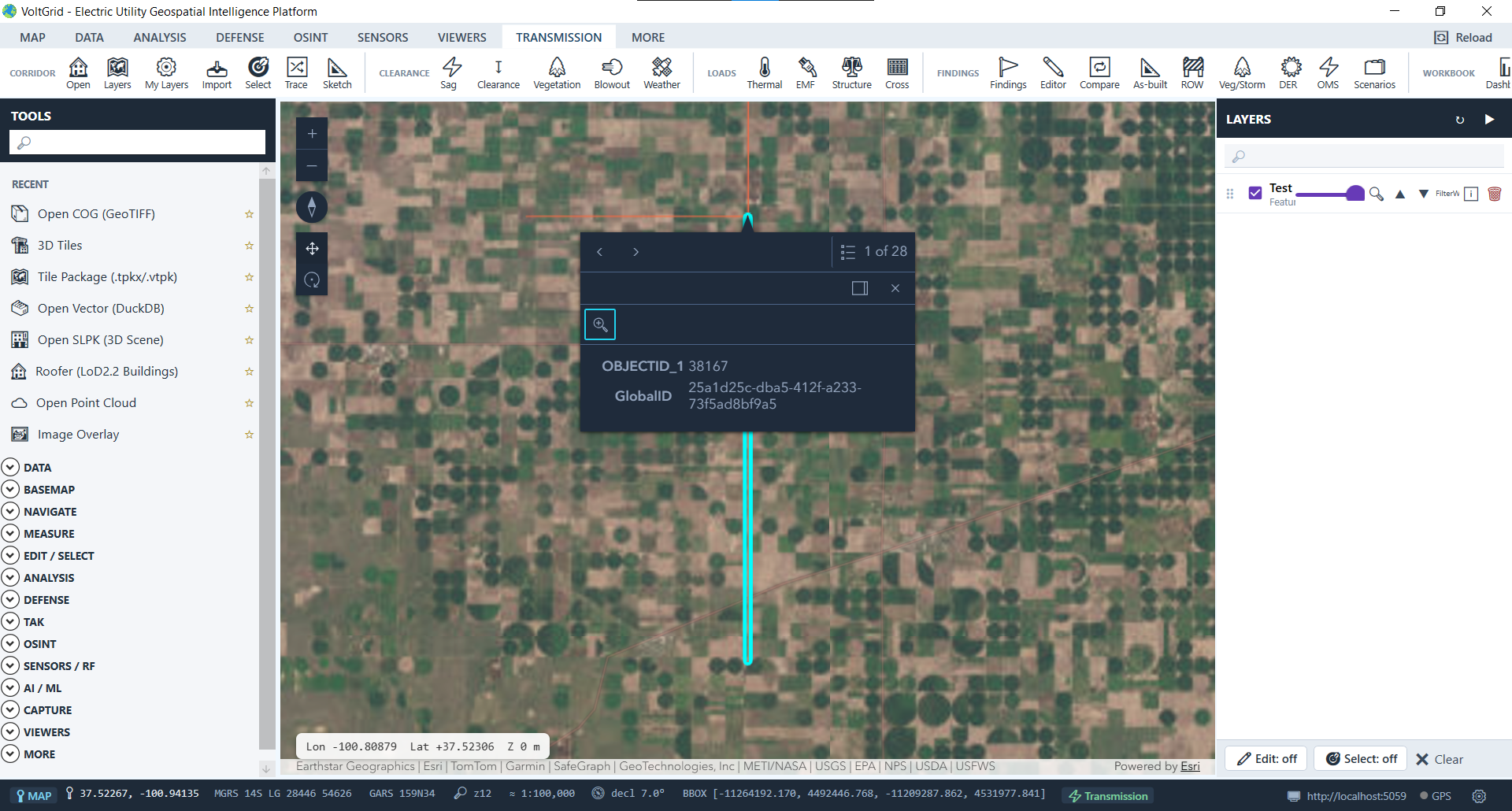VoltGrid desktop — feature identify popup for a selected line segment