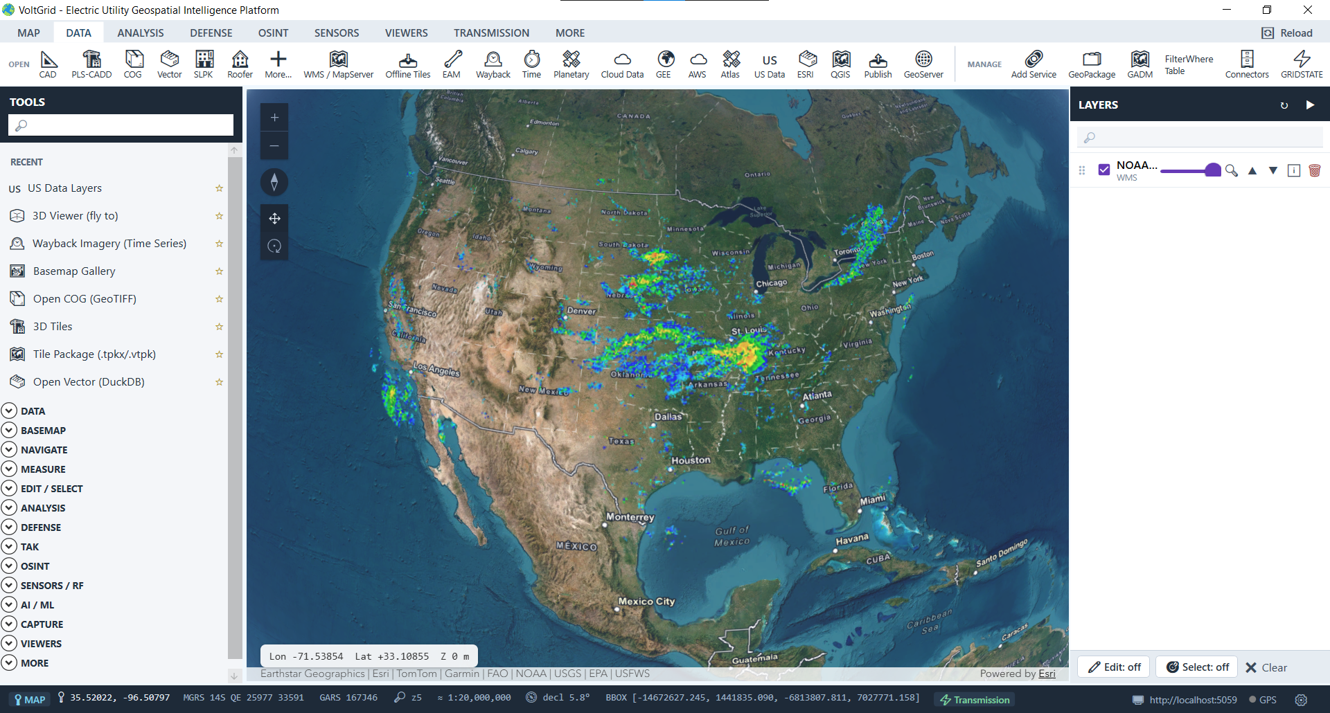 VoltGrid desktop — NOAA weather radar layer loaded onto map