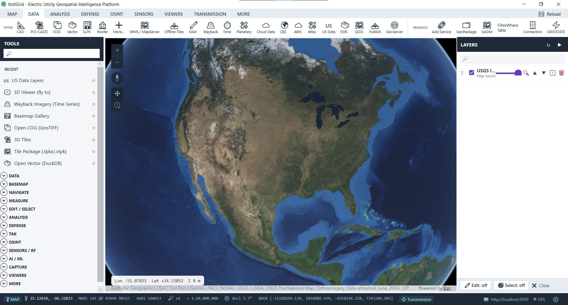 VoltGrid desktop — USGS Imagery layer loaded over North America