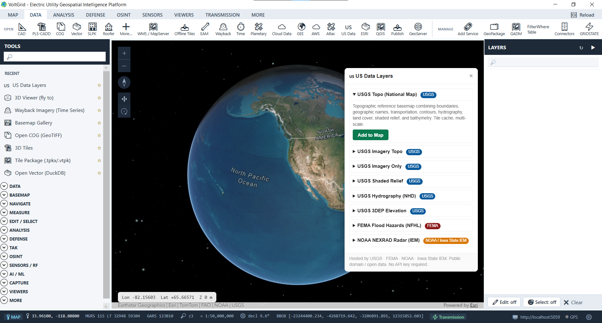 VoltGrid desktop — US Data Layers widget listing federal map and feature service layers