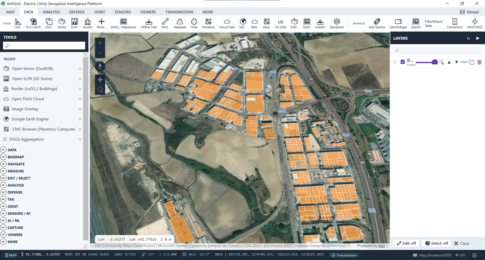 VoltGrid desktop — vector footprint polygons over Navarra, Spain