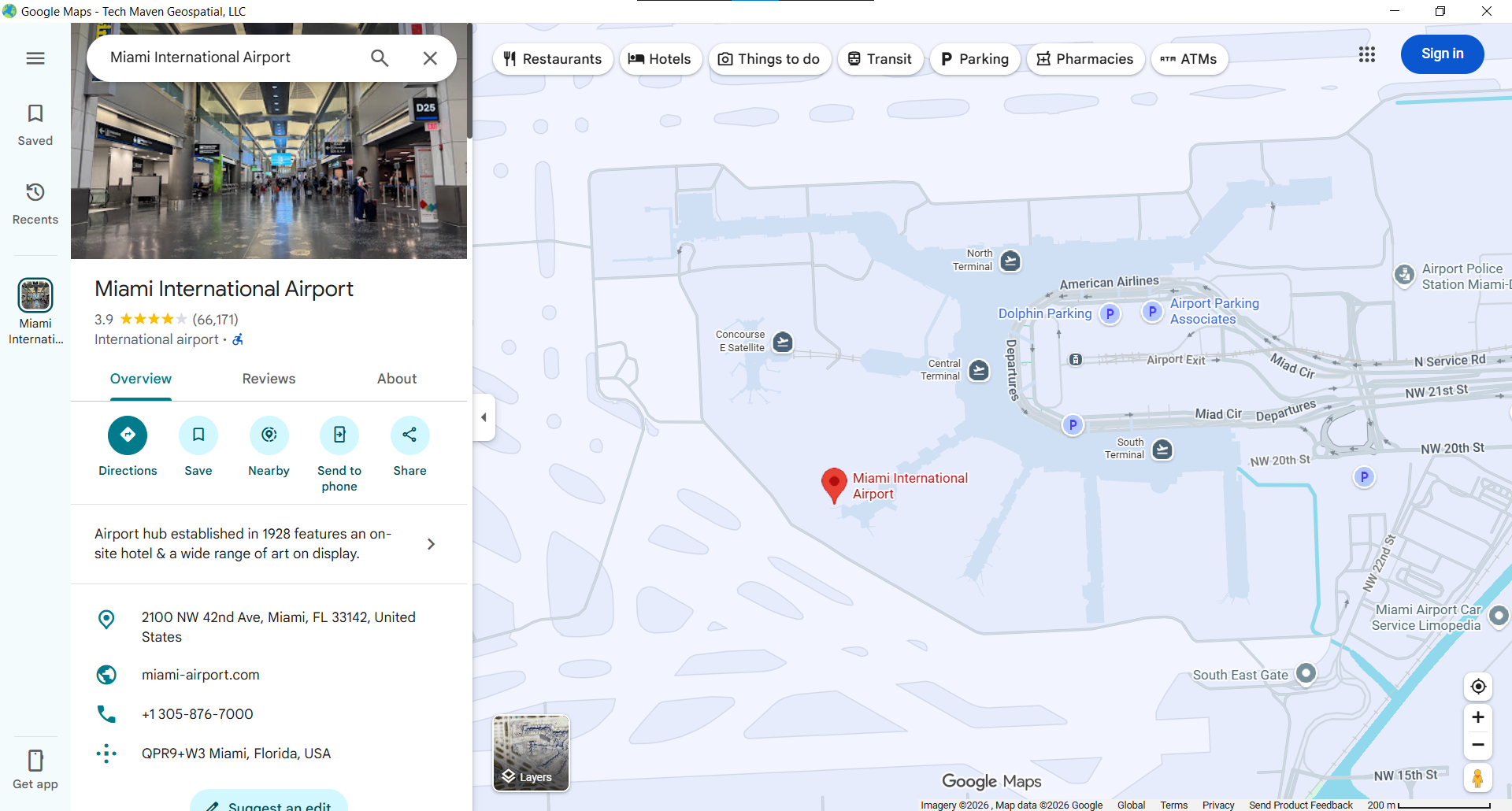 VoltGrid desktop — Embedded Google Maps place search for Miami International Airport