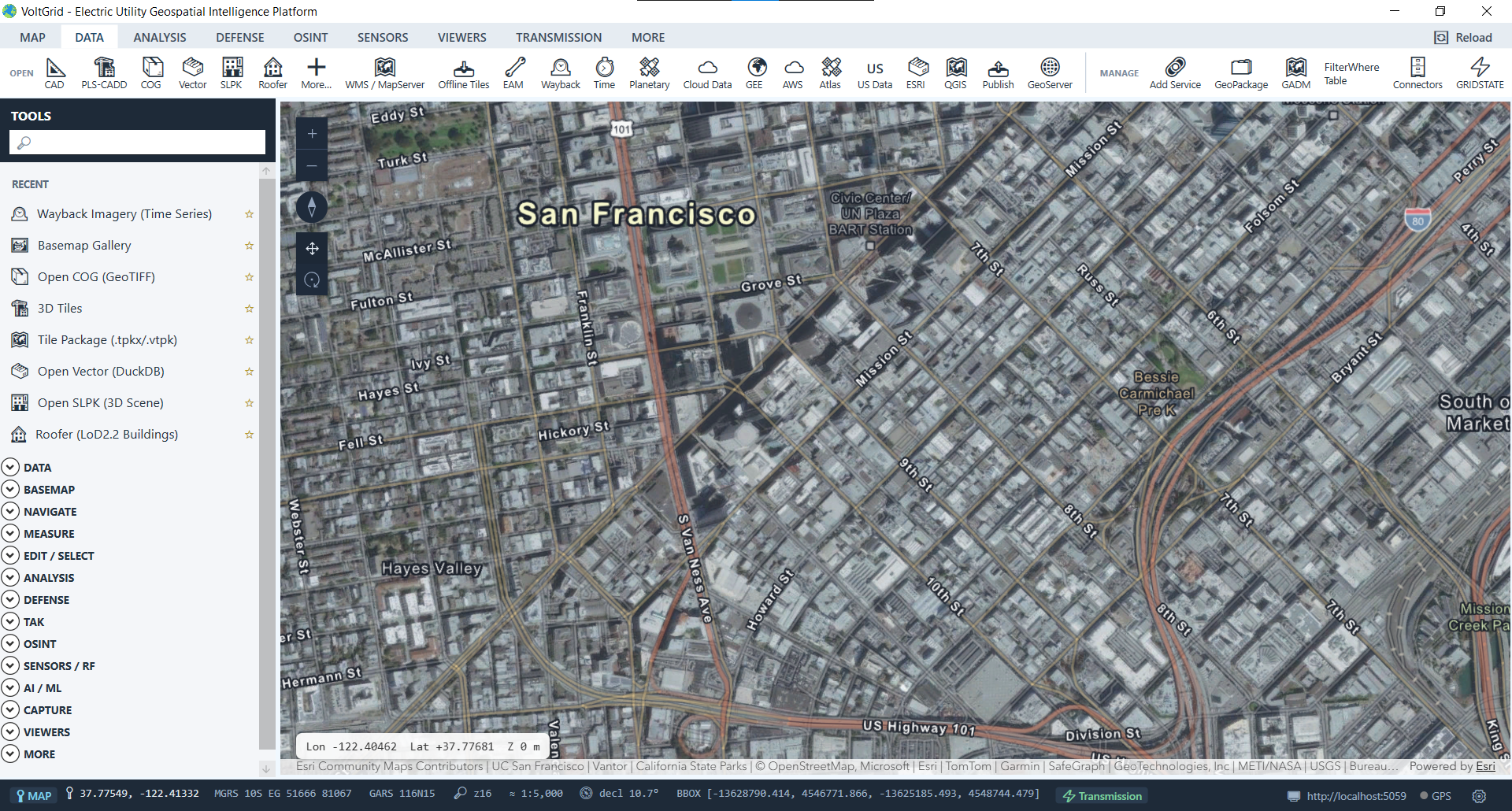 VoltGrid desktop — Wayback historical imagery layer loaded onto the map