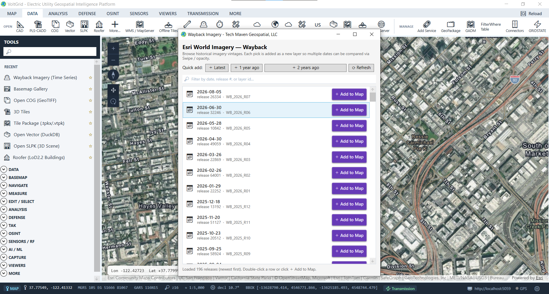 VoltGrid desktop — Wayback Imagery browser listing historical Esri World Imagery releases