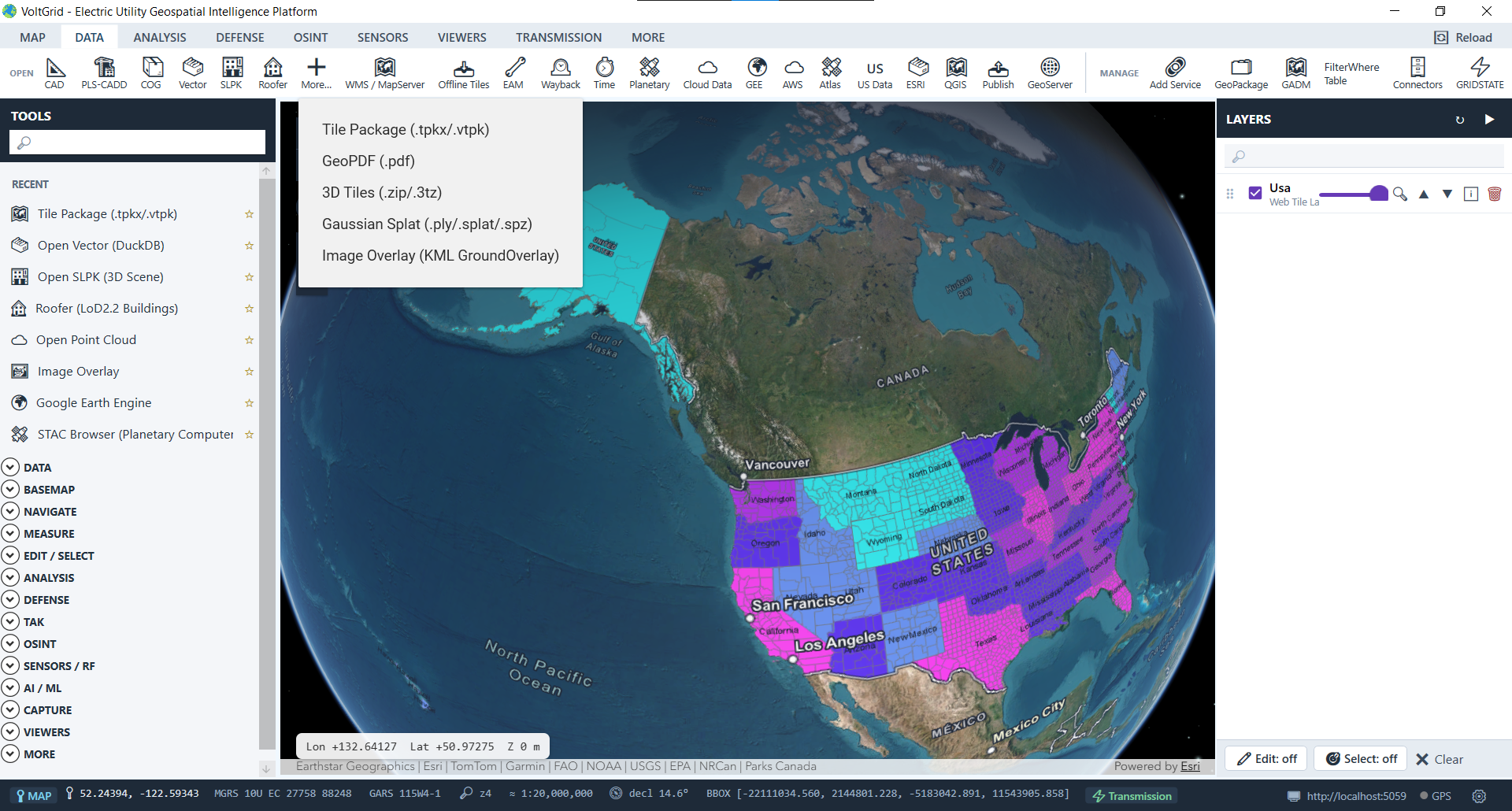 VoltGrid desktop — Raster tile package (.tpkx) loaded offline over the United States
