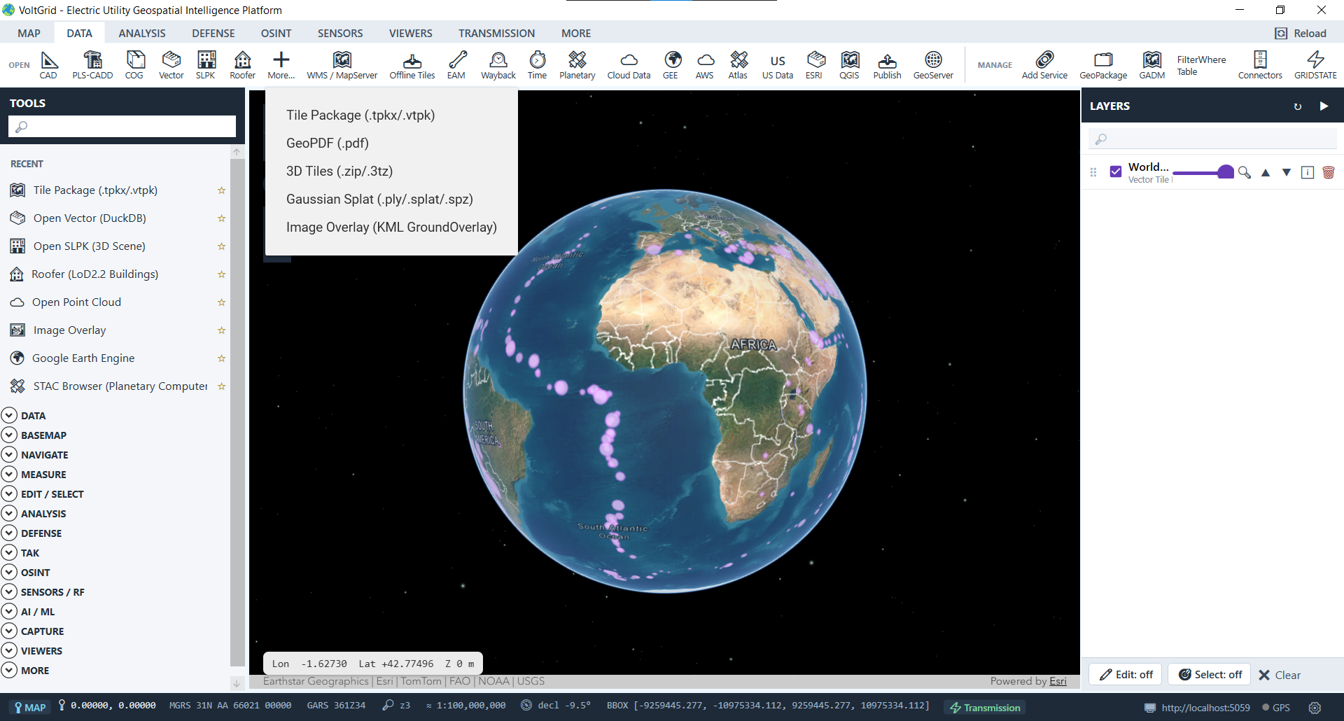 VoltGrid desktop — Vector tile package (.vtpk) loaded offline with global earthquake layer